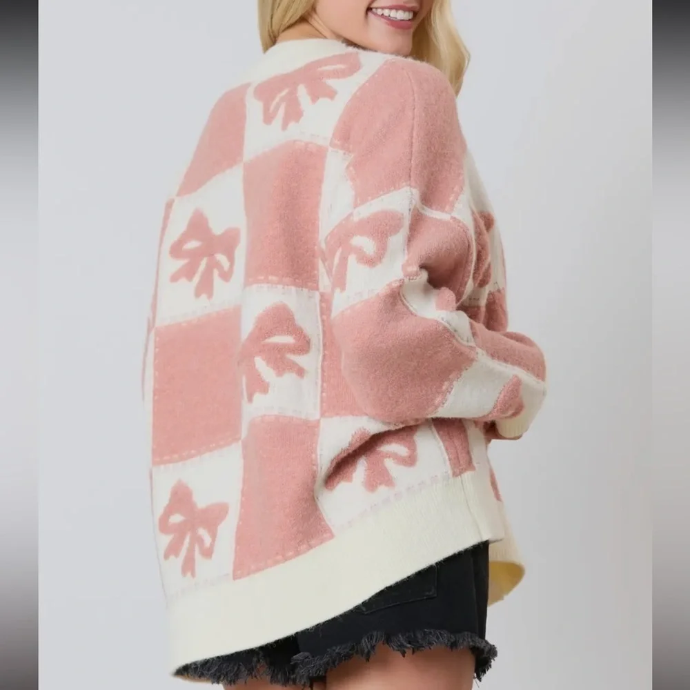 Jane Bow Check Sweater ✨ 3D Bow and Square Pattern Oversized Cardigan - Picture 6 of 8
